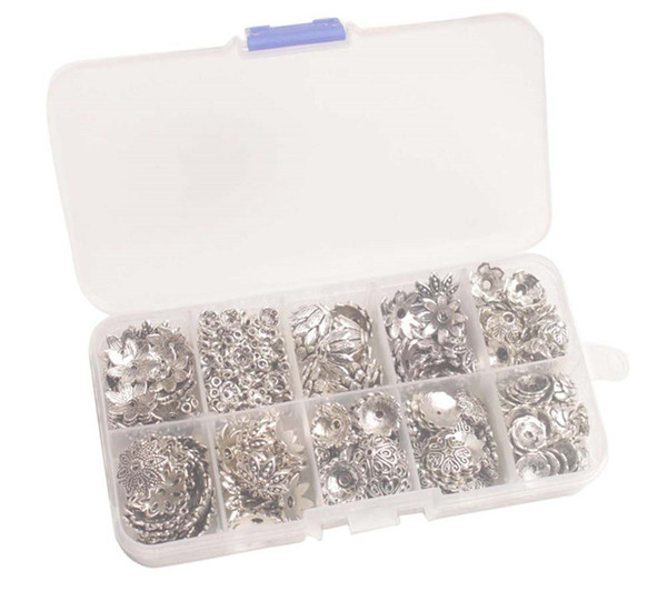 390PCS/BOX Antiqued Silver Metal Beads Caps W/Container (10 Styles)