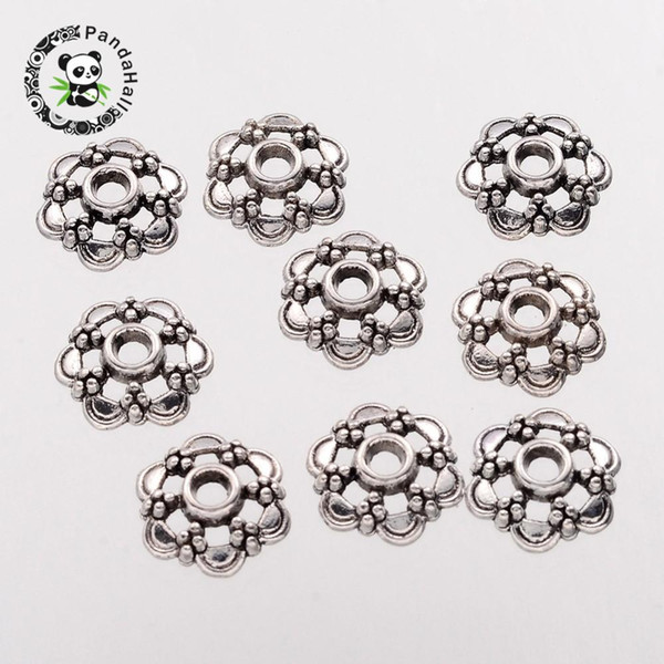 6-Petal Filigree Flower Tibetan Silver Bead Caps, Lead Free & Nickel Free & Cadmium Free, Antique Silver, about 13.5mm in