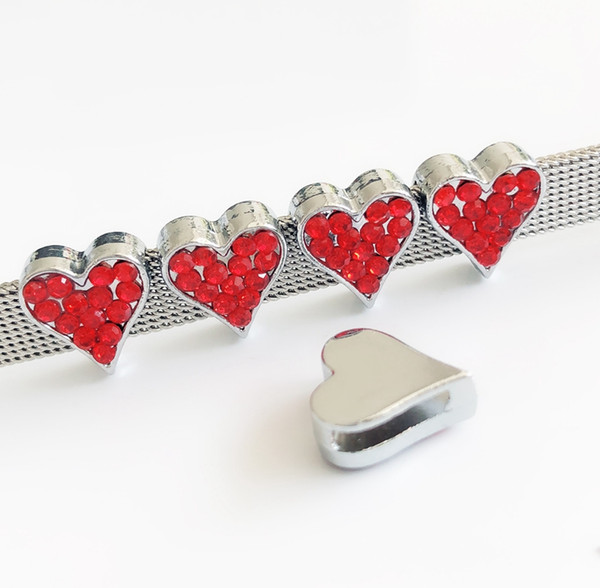 10pcs 8mm Red Rhinestone Heart Slide Charms Bead Jewelry Finding DIY 8MM Pet Dog Tag Collar Belts Wristband