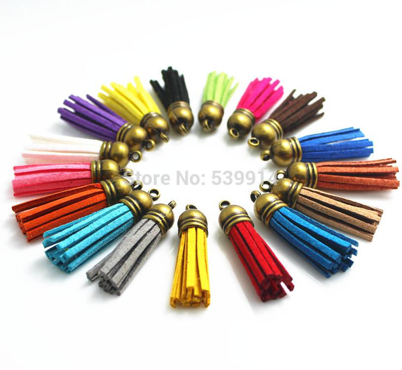 Wholesale-Hot Sale100Pcs/Lot 35mm Mixed Suede Leather Jewelry Tassel For Key Chains/ Cellphone Charms Bronze Top Plated End Caps Cord Tip