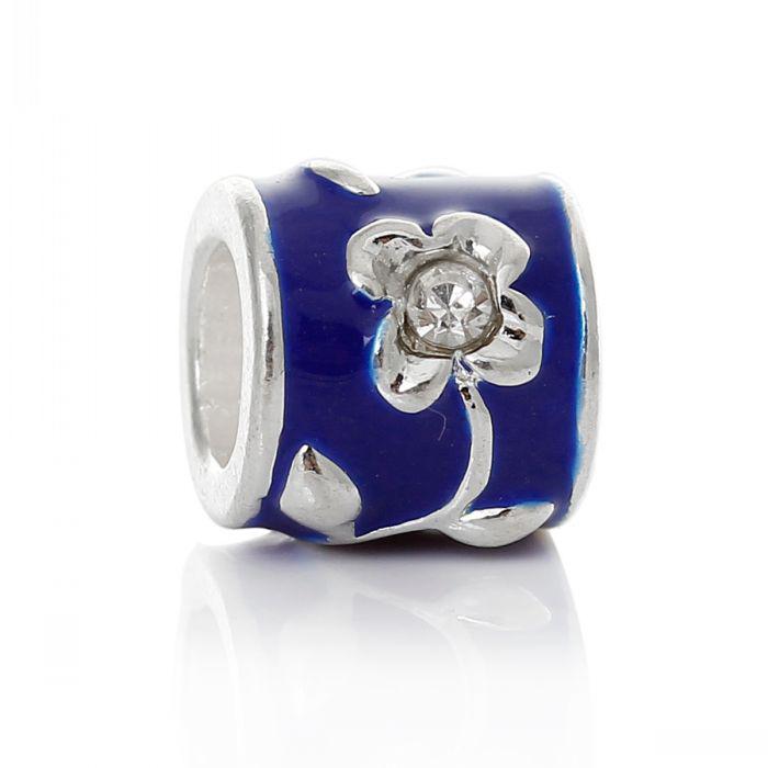 European Charm Beads Cylinder/Column Silver Plated Flower Carved Enamel Blue Clear Rhinestone 9x8mm,Hole:5mm,10PCs 8seasons