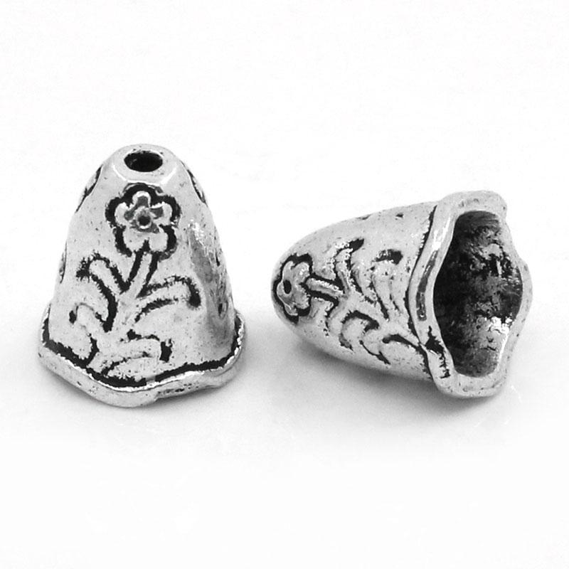 Wholesale-Free Shipping 2014 NEW 50PCs Bead Caps Findings Flower Carved Cone Silver Tone 10mmx9mm(3/8