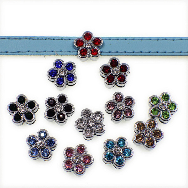 10PCs 8mm Rhinestone Flower Slide Charms Beads Finding Fit DIY 8MM Pet Dog Tag Collar Belts Wristband