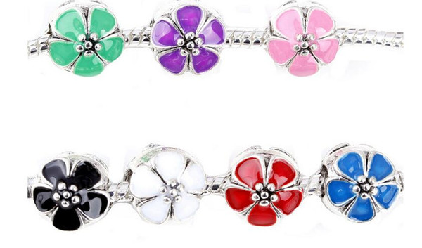 Free Shipping! European Charm Beads Column Silver Plated Enamel 7 colors sakura/cherry bloss Flower 12x11mm,Hole:Approx 4.8mm,10PCs (K00720)