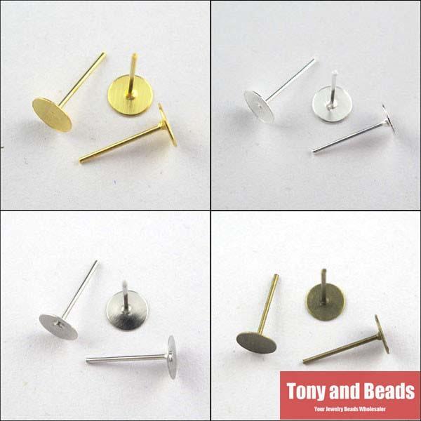 Wholesale-(200Pcs=1Lot!) Jewelry Earring Finding Flat Round Blank Peg&Post Ear Studs Head Pins Earring Gold,Silver,Bronze,Dull Silver