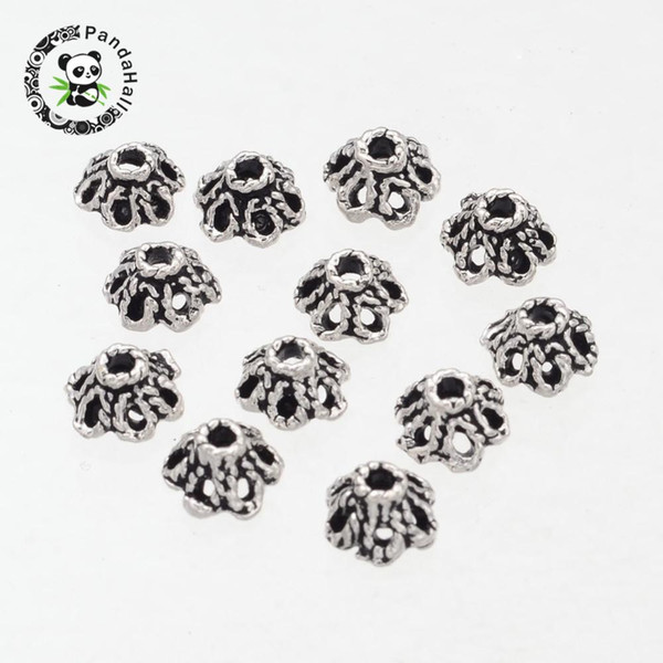 6-Petal Filigree Flower Tibetan Silver Bead Caps, Lead Free, Antique Silver, about 6.5mm in diameter, Hole: 1mm