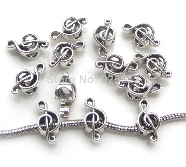 Free shipping 50pcs 9x7x18mm anitique silver plated alloy big hole bead music note charms fit European bracelet necklace DIY