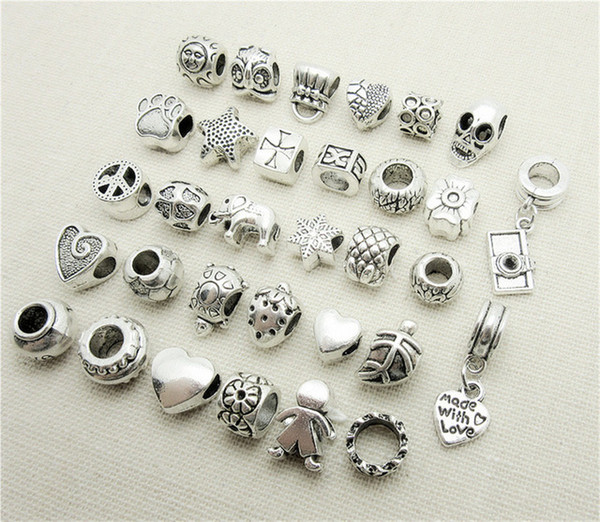 Mix different 32pcs Tibetan Silver Bead Charms big hole Beads European pendant charm bracelet DIY pendants