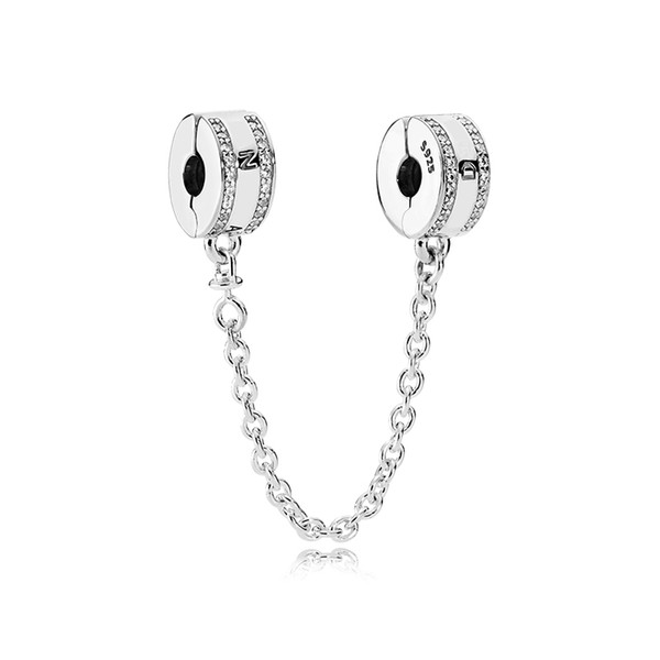 Fashion Women 925 Sterling Silver Clear CZ Safety Chain Clip fit Pandora Charms Bracelet DIY Jewelry Making