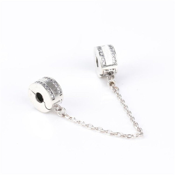 New Style Luxury 925 Sterling Silver Clear CZ Safety Chain Clip fit Pandora Charms Hot Fashion Women Bracelet DIY Jewelry Making