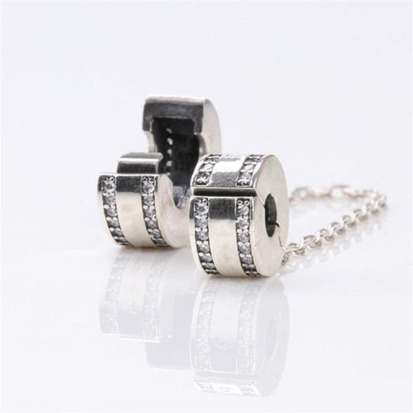 New Style Luxury 925 Sterling Silver Clear CZ Safety Chain Clip fit Pandora Charms Hot Fashion Women Bracelet DIY Jewelry Making