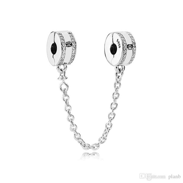 Fashion Women 925 Sterling Silver Clear CZ Safety Chain Clip fit Pandora Charms Bracelet DIY Jewelry Making