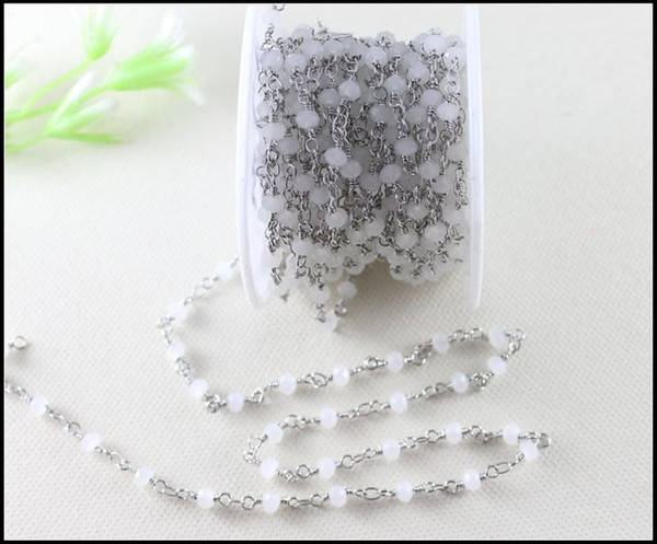 5 Meter/Lot Rhodium Plated White Spinel Rosary Style Beaded Chain,Wire Wrapped Beaded Chain Rosary Chain White Faceted Crystal Beads