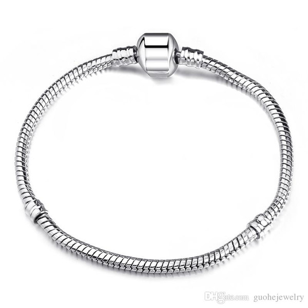 3mm 17-21cm 925 Silver Plated Bracelet Chain Snake Chain with Barrel Clasp Fit European Beads Bracelets With Without Logo DIY