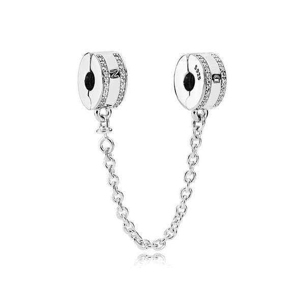 Fashion Chains Womens Luxury 925 Sterling Silver Clear CZ Safety Chain Clip fit Pandora Charms Bracelet DIY Jewelry Making