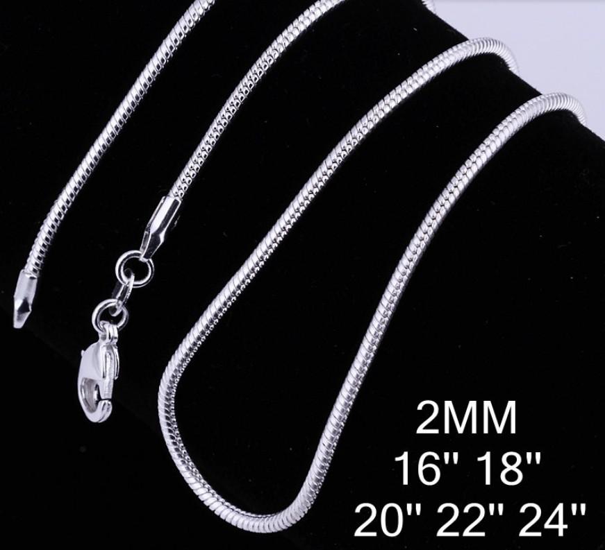 2mm Thick snake chains 50pcs/lot Mixed 16'' 18'' 20'' 22'' 24'' Short Long chains width c010 925 sterling silver For Pendants charms Gift