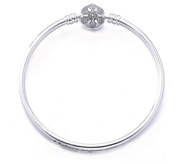 925 Sterling Silver Women Snowflake Bangle Bracelets Logo Stamped Heart Clasp Cubic Zirconia Paved for Pandora European Charms and Bead