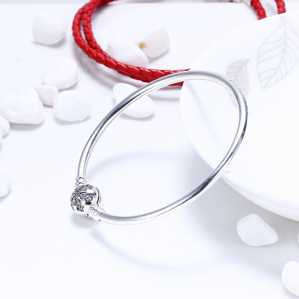 Fit European Beads Pandora 16-21cm 925 Silver Not Plated Classic Bracelet Snowflake CZ Bangle With Letter Stamp DIY