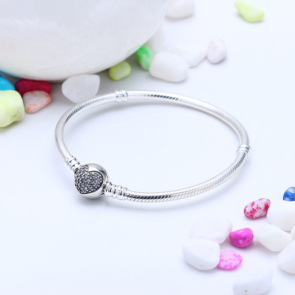 Fit European Beads Pandora Real 925 Solid Silver Not Plated Heart Pave CZ Bracelet Snake Chain with Bracelets With Letter Stamp DIY