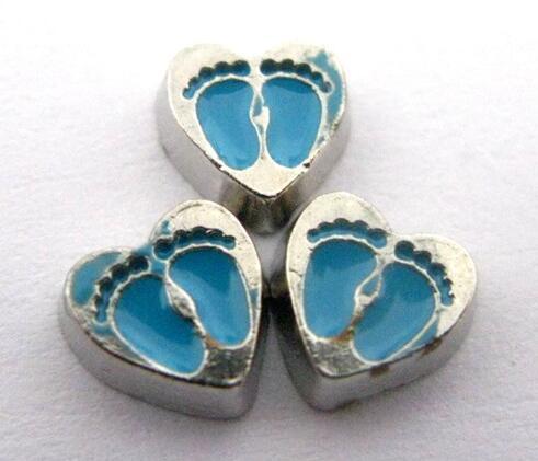 20PCS/lot Blue Foot Print Heart Floating Locket Charms Fit For Living Memory Floating Locket Jewelry Findings