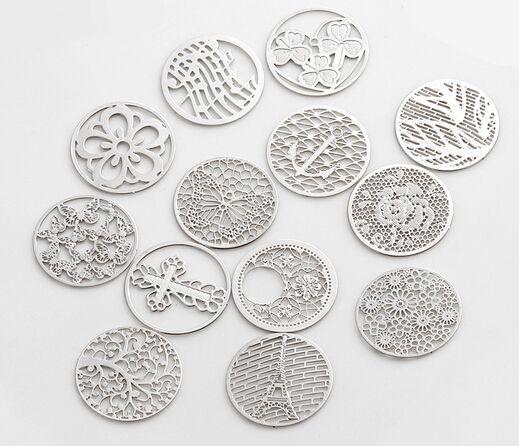 NEW 20PCS/lot 22MM Silver Plated Mix Styles Round Hollow Floating Window Plates Fit For 30mm Magnetic Memory Glass Locket