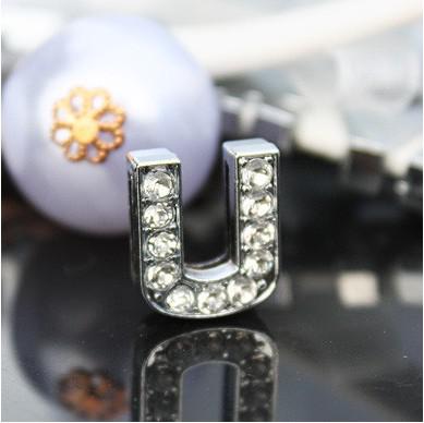 50pcs/lot 10mm U Full Rhinestones Bling Slide Letter DIY Alloy Charms Fit For 10MM wristband bracelet 0032