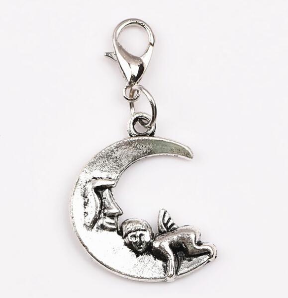 Wholesale 20PCS/lot Silver Moon with Angel Baby Floating Dangle Charms Pendant with Lobster Clasp For Locket Chain Making