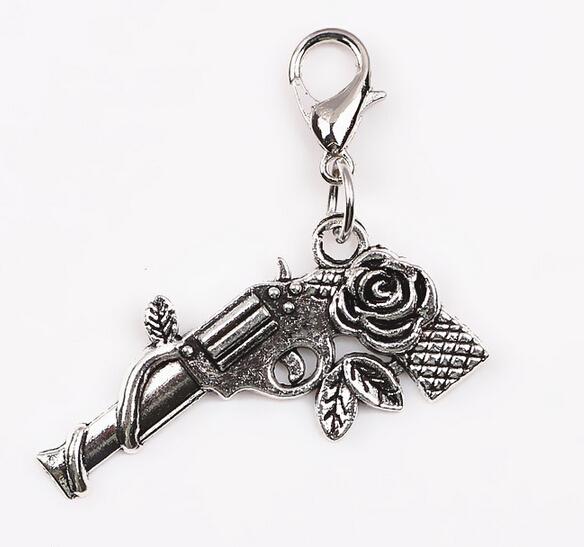 20PCS/lot Silver Rose Flower Gun Floating Dangle Pendant Charms with lobster clasp fit For Glass Memory Locket Necklace Making