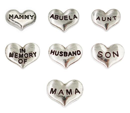 Multiple Choice 20PCS/lot NANNY Husband Son In memory of DIY Heart Floating Locket Charms Fit For Memory Magnetic Locket Pendant Jewelrys