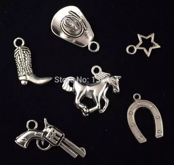 Vintage Silver Set Cowboy Hat Horseshoe Horse Star Gun Alloy Floating Locket Charms Pendants For Bracelet Jewelry Girls Bijoux 200PCS Q618