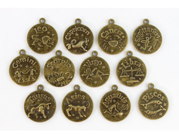 Vintage Bronze Dangle Cabochon Settings Trays Mixed Zodiac Charms Pendants For DIY Jewelry Bracelet Accessories 120pcs Z657