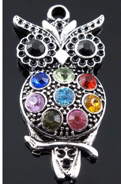 Wholesale Fashion Vintage Silver Full Crystal Gem Rhinestone Owl Alloy Charms Pendant DIY Jewelry Accessories 10pcs Z1147