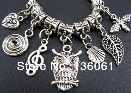 200pcs Fashion Vintage Silvers Mixed Owl & Leaves Slide Charms Pendants For Bracelets Women Jewelry Findings DIY Free Shipping P1763