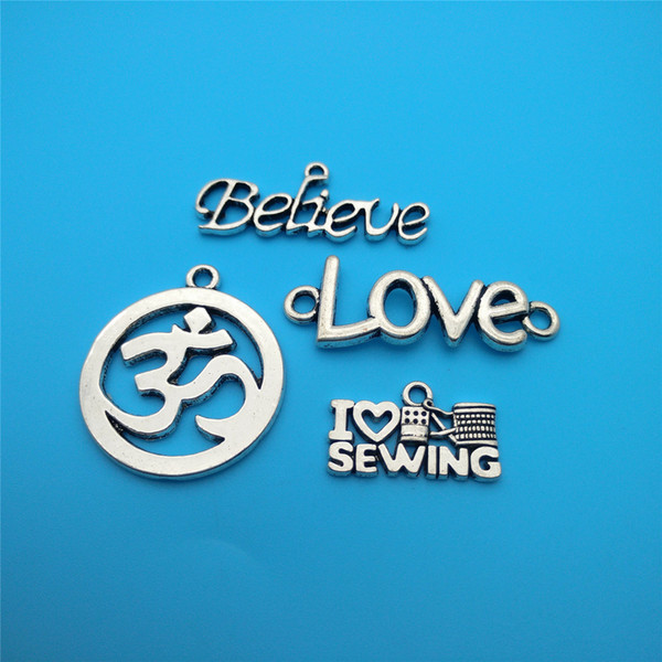 Mixed Tibetan Silver I love sewing Love Believe Letter OM/OHM Charms Pendants Jewelry Making Bracelet Accessories DIY Gifts