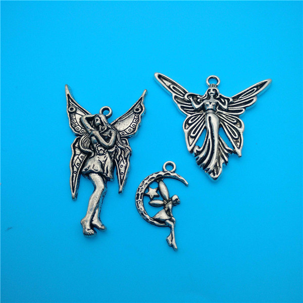 Mixed Tibetan Silver Guardian Angel Fairy on the Moon Charms Pendants For Jewelry Making Findings Bracelets Handmade Crafts Accessories