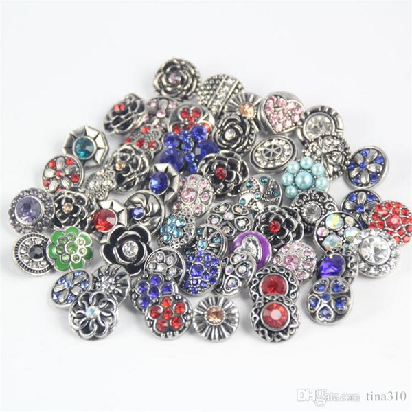 Newest 50pcs/lot High quality Mix Many styles 18mm Metal Snap Button Charm Rhinestone Styles Button rivca Snaps Jewelry NOOSA button