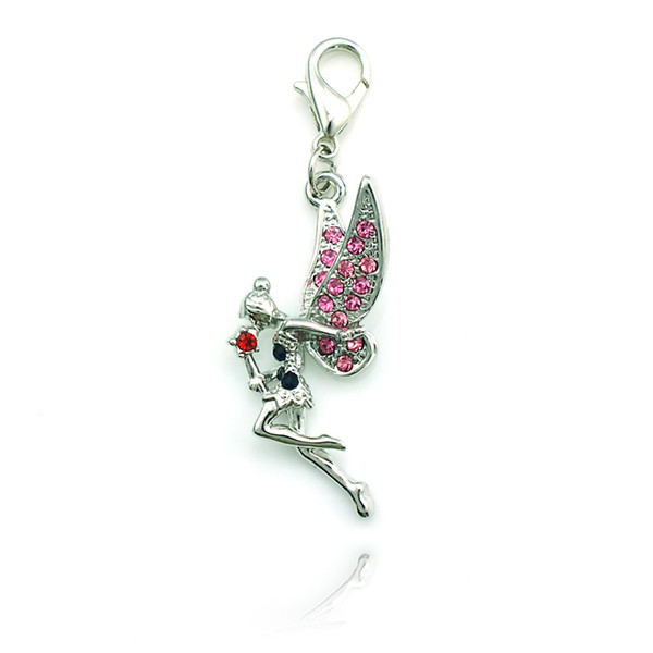 Fashion Silver Color Lobster Clasp Charms Pink Rhinestone Angel Pendants Charms DIY For Jewelry Making Accessories