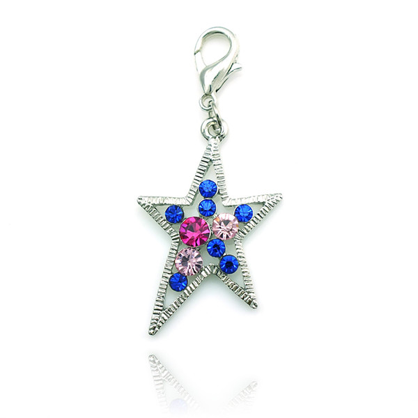 Fashion Silver Plated Lobster Clasp Charms Dangle Colorful Rhinestone Pierced Star DIY Charms For Jewelry Accessories