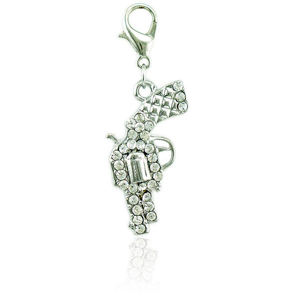 Classics Floating Lobster Clasp Charms Dangle Silver Plated White Rhinestone Gun DIY Charms For Jewelry Making Accessories