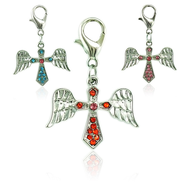 Fashion Floating Lobster Clasp Charms Alloy 3 Color Rhinestone Cross Wing Charms DIY For Jewelry Making Accessories