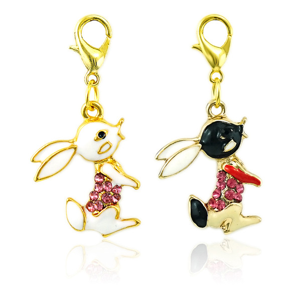 Fashion Lobster Clasp Rabbit Charms Dangle Gold Plated Rhinestone Enamel Animal Pendants DIY Charms For Jewelry Making