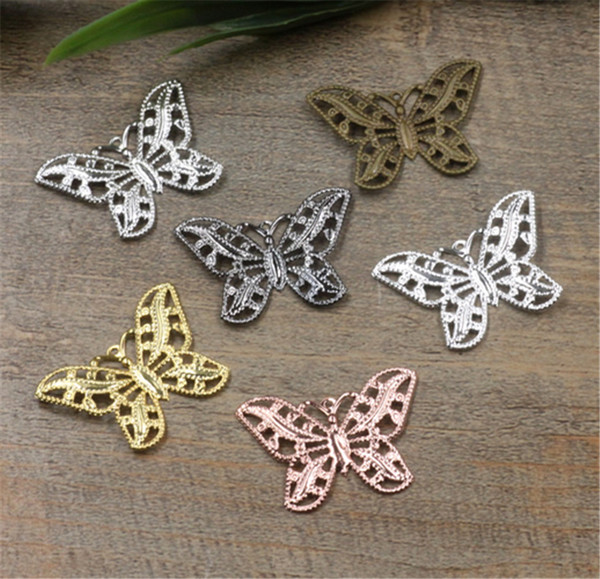 BOYUTE 50 Pcs 22*30mm 7 Colors Vintage Pendant Charms DIY Jewelry Handmade Brass Material Hollow Out Small Butterfly Charms