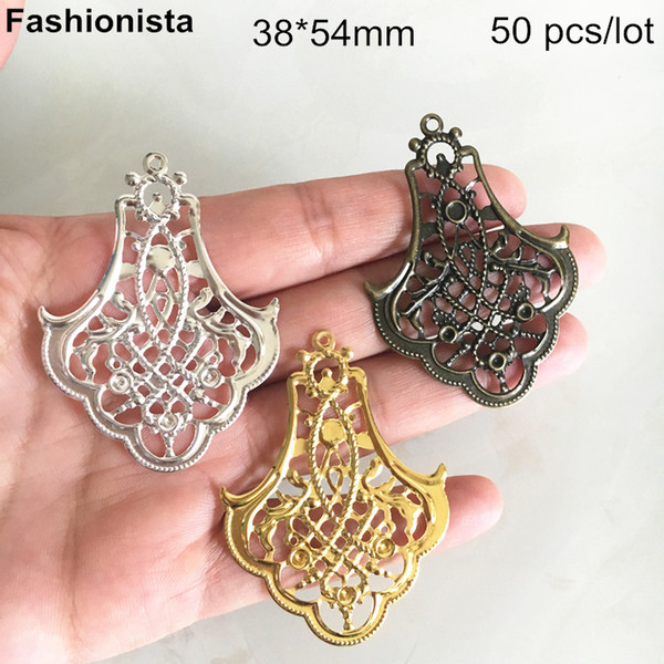 50 pcs Chandelier Charms 38*54mm Metal Filigree Flower Charms For Jewelry Making,Gold-color,Silver-color,Bronze,DIY Supplies