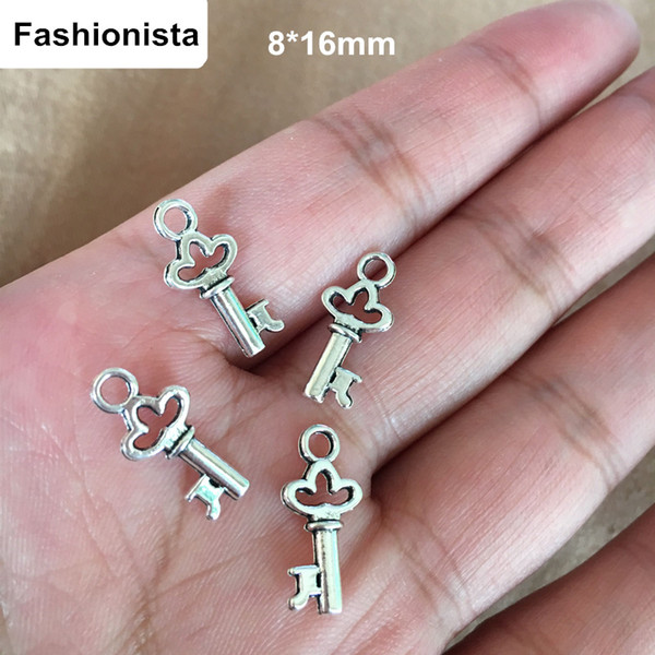 100 pcs Tiny Key Charms Antique Silver Bronze Tone 8*16mm Cute Key Charms,Perfect for pendants,earrings,zipper pulls and key chains