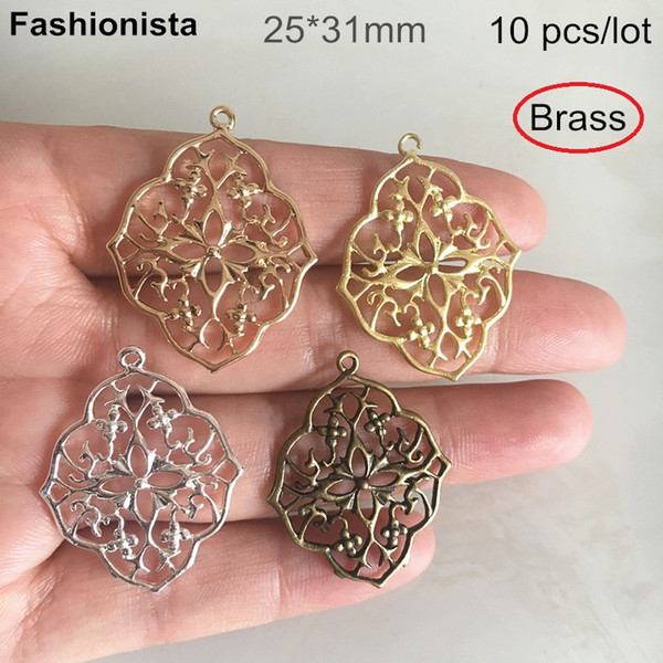 10 pcs -25*31mm Brass Stamping Crafted Filigree Flower Charms,Rhombus Filigree Brass Pendant,The Loop is Open Design