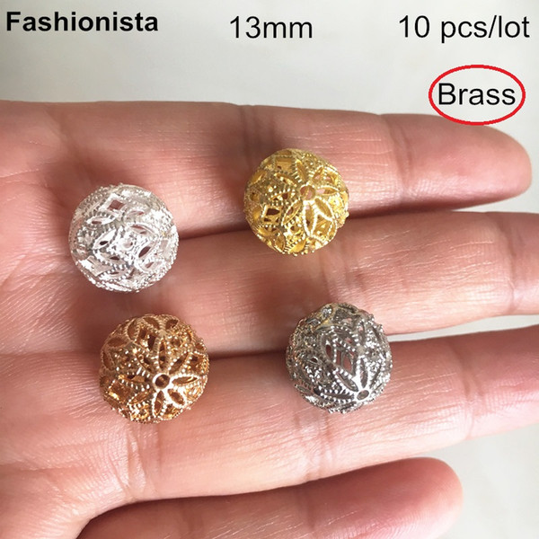 10 pcs -13mm Brass Filigree Ball Beads For Jewelry DIY,Brass Ball Dangles For Earrings Making,Metal Ball Charms,Gold,Silver -HY