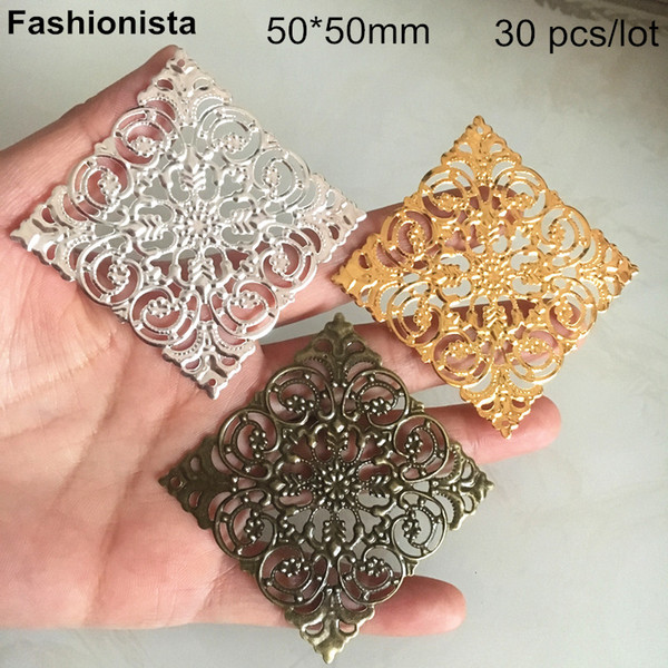 30 pcs Metal Filigree Rhombus Charms 50*50mm Filigree Flower Square Settings,Gold-color,Silver-color,Bronze,Metal Stamping -DGG