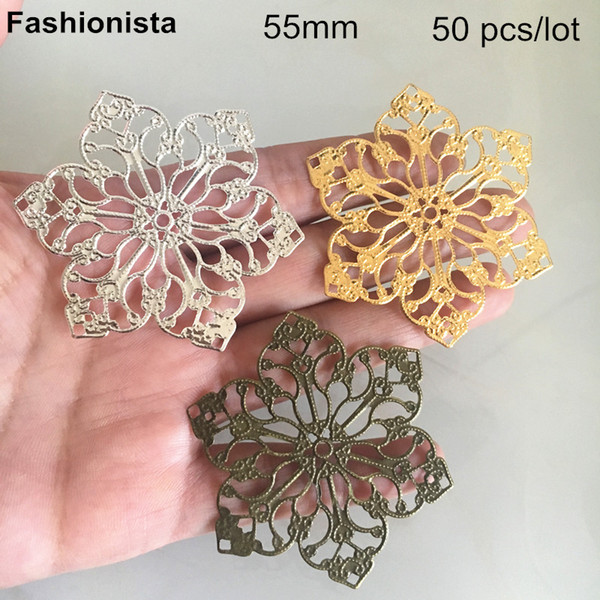 50 pcs Large Size Metal Stamping Crafted Snowflake 55mm Filigree Flowers,Gold-color,Silver-color,Bronze,Steel,DIY Arts Findings