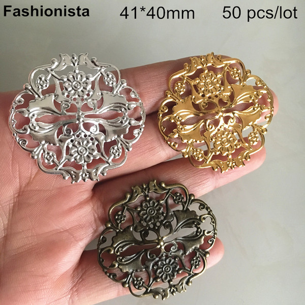 50 Large Round Filigree Metal Stamping Flowers Connectors 41*40mm Gold-color,Silver-color,Steel,Bronze,Handmade Jewelry or Crafts Supplies