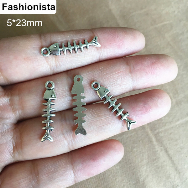 100 pcs Fish Bones Charms Antique Silver Tone Flat Back 5*23mm fish skeleton charms in silver